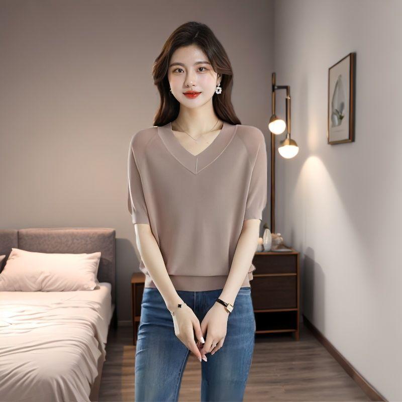 Летние женские топы из ледяного шелка, женские повседневные свободные тонкие футболки с V-образным вырезом, рубашка с коротким рукавом, большие размеры