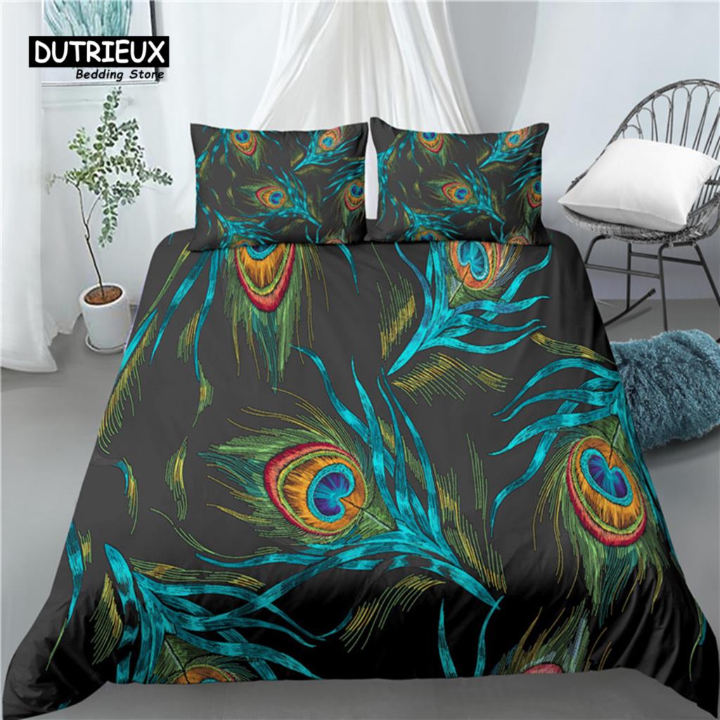 Главная Жизнь Роскошь 3D Павлиньи Перья Принт 2/3 шт Удобный Пододеяльник Наволочка Постельное белье Комплекты Queen и King Размер EU/US/AU