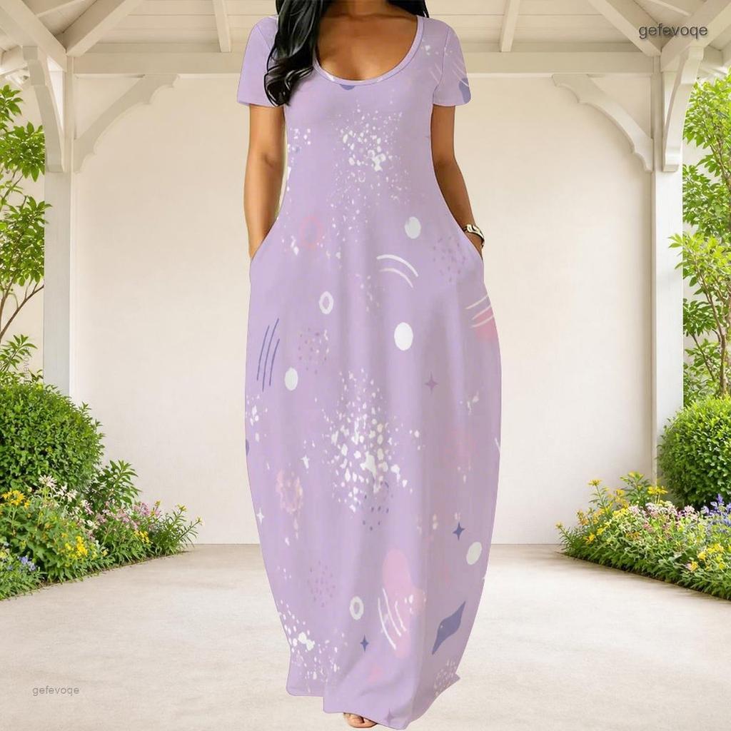Women Plus Size Round Neck Short Sleeve Abstract Printed Black Teal Gold Maxi Dress With Side Pockets