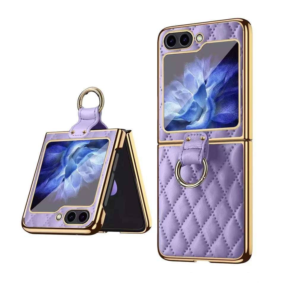 Для Samsung Galaxy Z Flip 6 5 4 ZFlip6 чехол Роскошный ромбовидный кожаный держатель с закаленным стеклом Складной противоударный жесткий чехол
