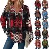 Women's Fashion Casual Long Sleeve  Drawstring Button V-Neck  Hooded Christmas Printed Sweatshirt Top