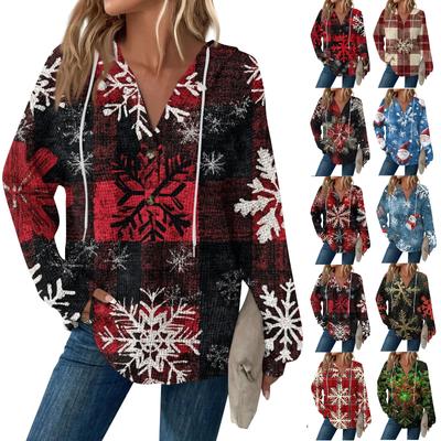 Женская модная повседневная толстовка с длинным рукавом, завязками на пуговицы, V-образным вырезом, капюшоном и рождественским принтом