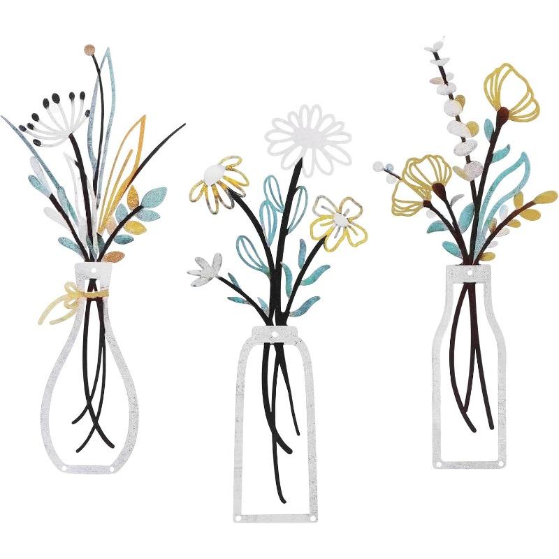 3 Pcs Metal Flowers, Wall Arts Metal Flower, Wall Decor Floral Line Hanging, Hollow Geometric Vase Sculpture, Modern Farmhouse Wall Hanging Ornament