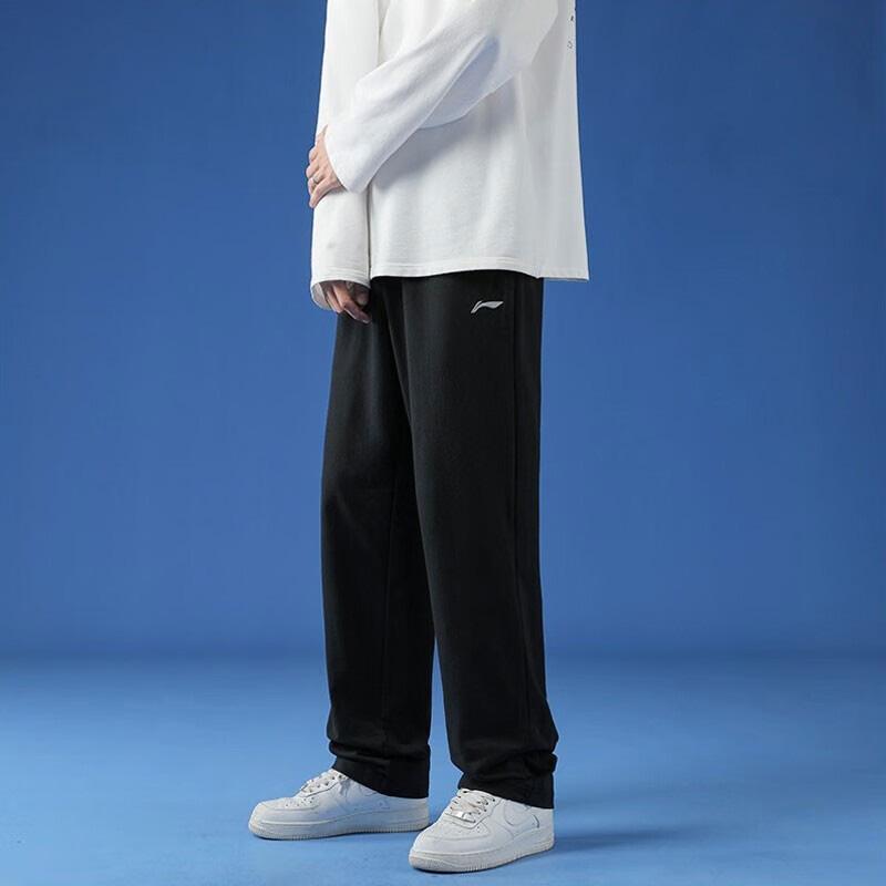 Li Ning Logo Print Solid Color Fleece Lined Straight Fit Knitted Sweatpants Men's Black YKLT415-1