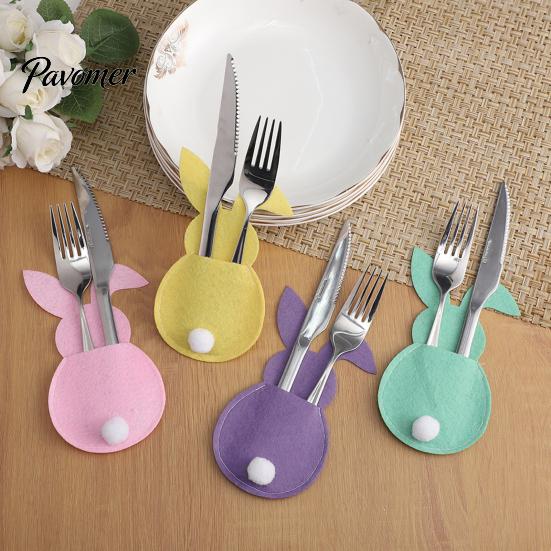 Easter Dinner Table Decor 4 Pcs Bunny Cutlery Holders, Felt Tableware Pouch Bags, Cute Rabbit Utensil Decorative Fork Spoon Sleeve, Spring Knife