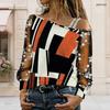 Women Plus Size Asymmetric Cold Shoulder Strap Long Sleeve T Shirt Geometric Printed Sheer Floral Sleeve