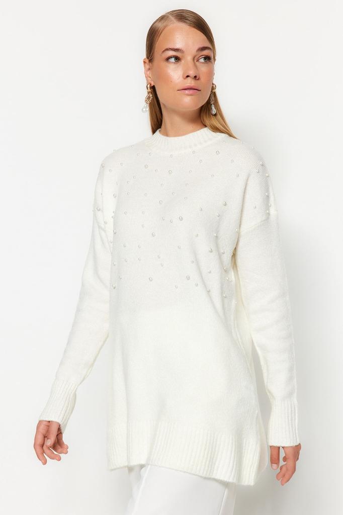 Women's Fashionable Stylish Hijab Sweater Ecru Pearl Detailed Knitwear Sweater