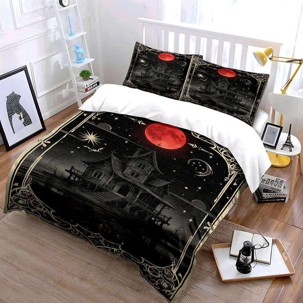 Haunted house, red moon. Bedding sets Duvet cover sets Duvet covers Pillowcases(1 * Duvet Cover 2 * Pillowcases without duvet insert)