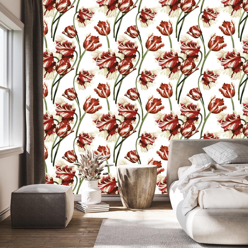 White and red tulips wallpaper for living room and bedroom 50x1000