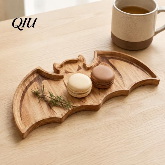 Occult Theme Ornaments Bat-Shaped Wooden Serving Tray, Halloween Snack Dessert Platter, Unique Holiday Gift Decorative Storage Plate for Jewelry