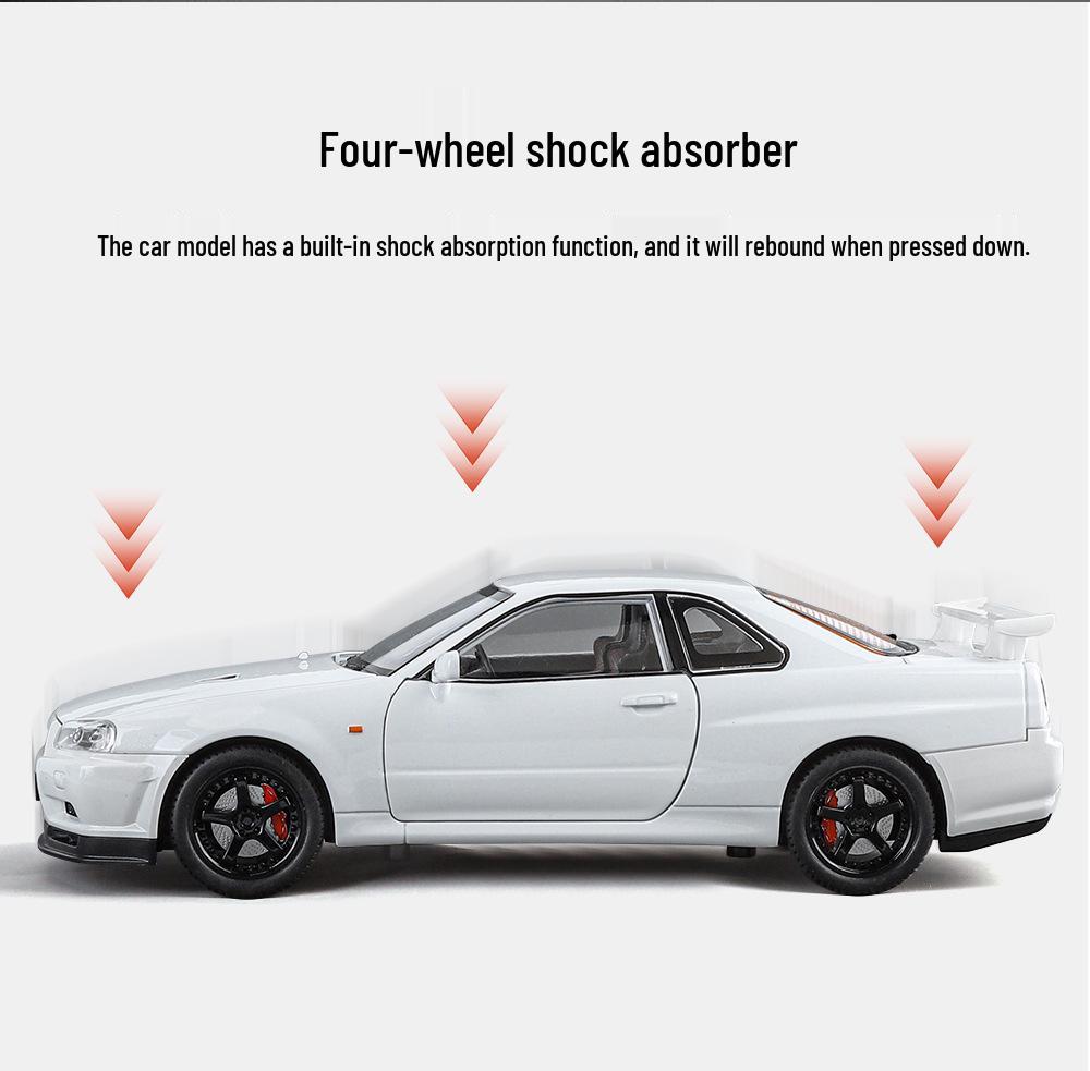 1:Игрушечная модель автомобиля 24 Alloy GTR R34 со звуком, светом, открывающимися дверями, управлением четырьмя колесами и инерционным механизмом