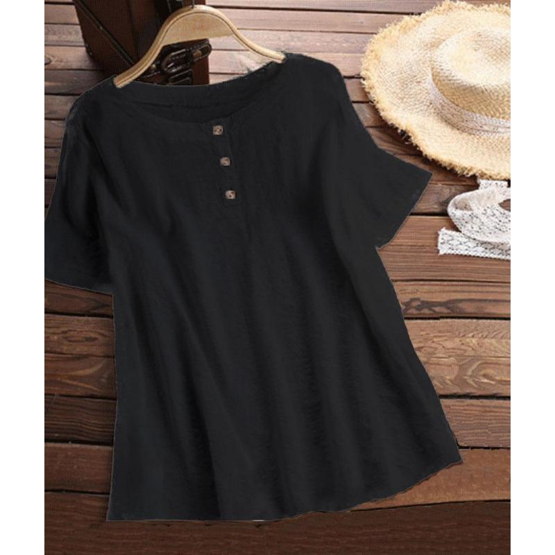 Женская однотонная рубашка с короткими рукавами и круглым вырезом на пуговицах, весна-лето, футболка из чистого хлопка и льна