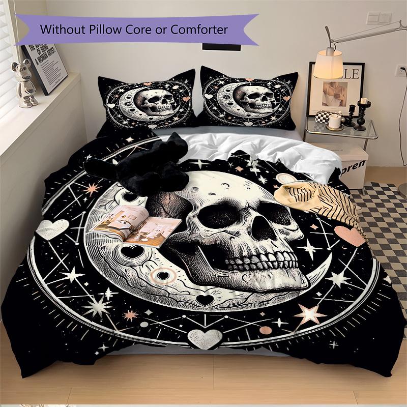 3pcs A Gothic Moonlit Skull Pattern Bedding Three-Piece Set (No Fillings), Suitable for Bedrooms and Guest Rooms.J004