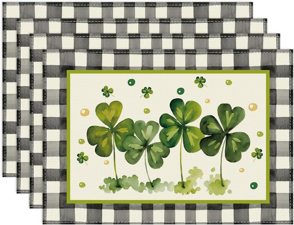 Watercolor Plaid Green Shamrocks Clovers St. Patrick's Day Placemats Set of 4 Table Mats for Party Home Kitchen Dining Table Decorations 12x18 Inch