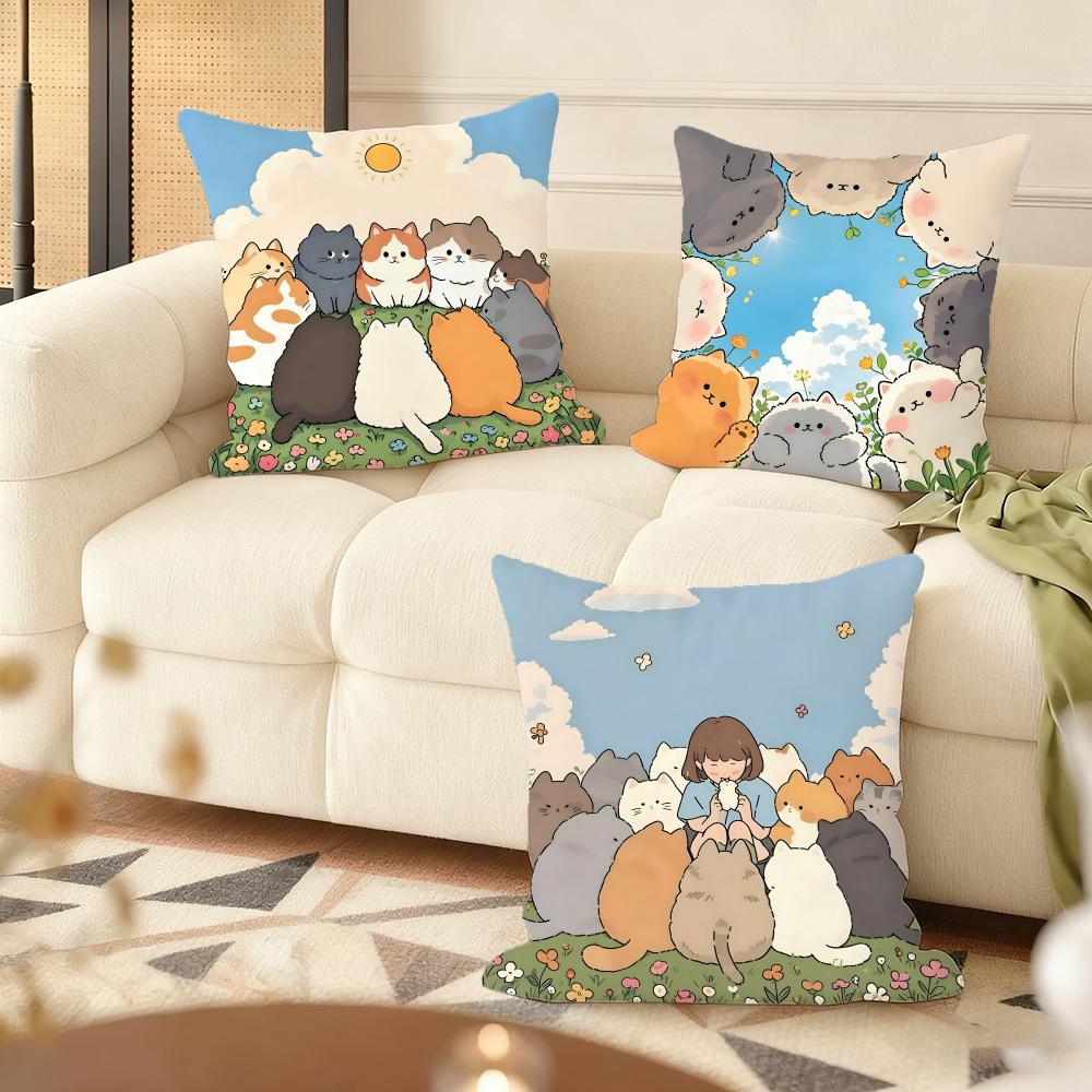 Surrounded By Fluffy Cat Balls Cushion Cover Silky Short Plush Home Sofa Cushion Cover - Invisible Zipper Home Decoration