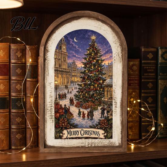 Rustic Christmas Wall Decor Wooden Decoration, Vintage Arched Window Frame Desktop Holiday Decor, Winter Xmas Party Table Sign