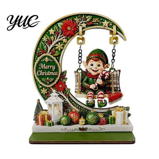 Compact Festive Tabletop Accents Wooden Christmas Tree Ornament, Santa Snowman Reindeer Crescent Moon Swing Desktop Ornament Decor for Home