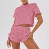Summer 100% Cotton Heart Print Pajamas Set for Women Homewear Sexy Loose Short Sleeve Crop Tops and Shorts 2 Pieces Sets Black Short Pijamas Sleepwear