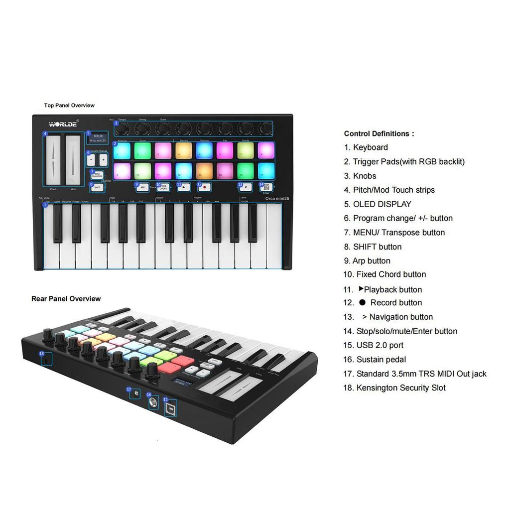 WORLDE Orca Mini25 Portable 25-Key USB MIDI Keyboard Controller