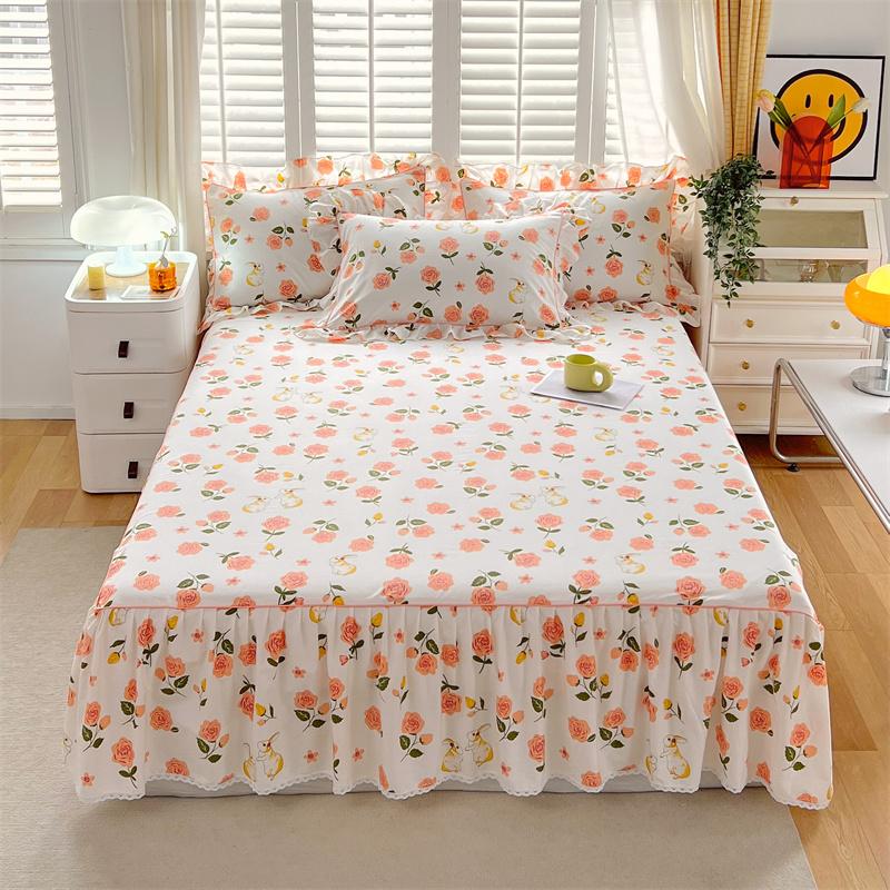 1c Pure Cotton Bed Skirt Floral Style Bed Cover Lace Mattress Protector Skin-friendly Bedspread Roupa De Cama (No Pillowcase)