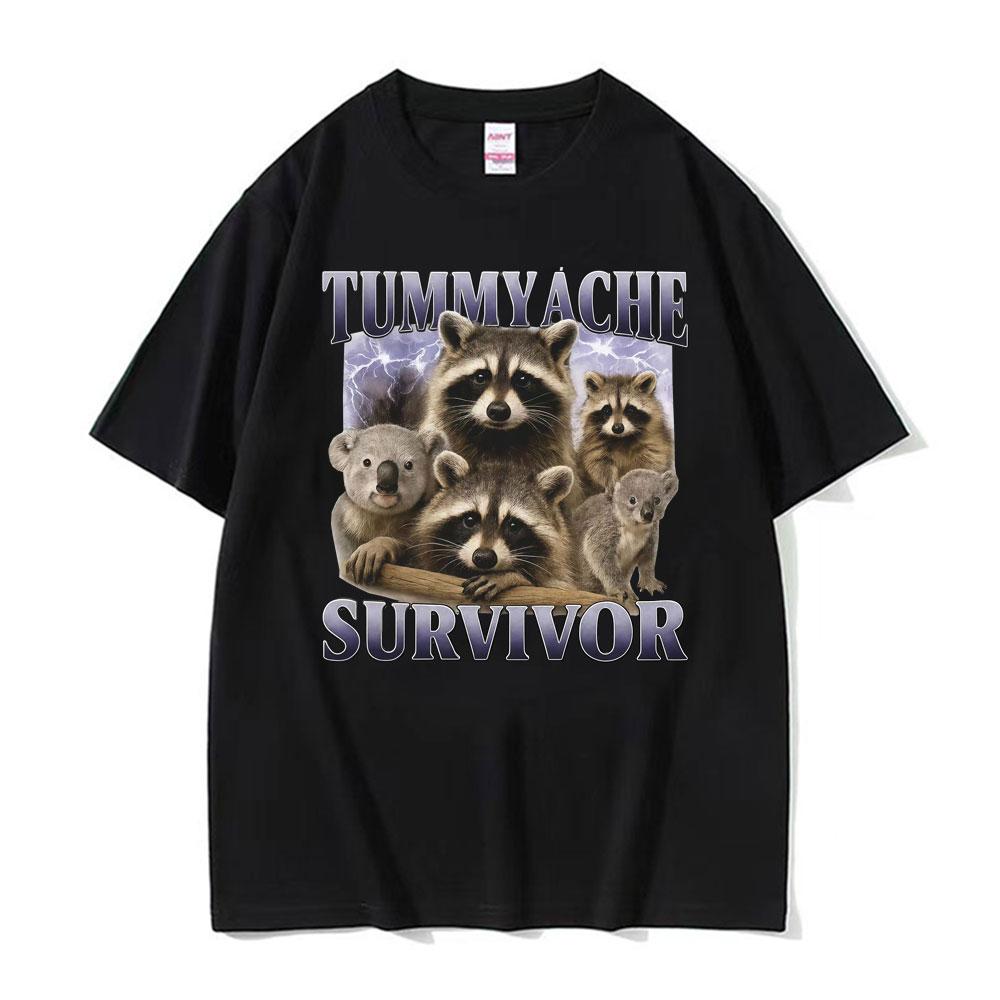 Tummy Ache Survivor Funny Raccoon Meme T Shirts Unisex Women Trendy Trend Vintage Graphic Tee Shirt Retro Short Sleeve Tshirt Tops
