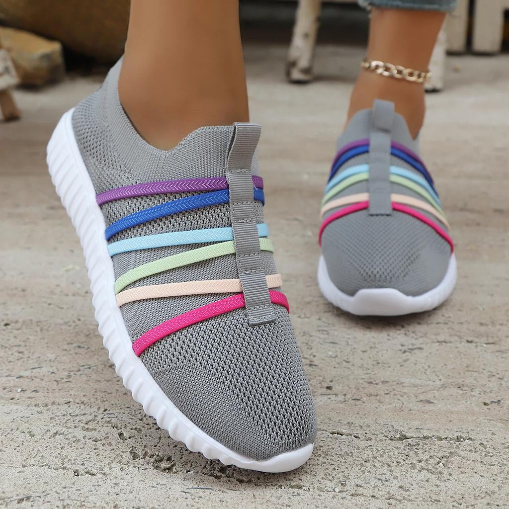 Fashion Colorful Strap Breathable Knitted Flats Women 2025 Summer Hollow Out Soft Bottom Mesh Slip On Casual Shoes Woman Plus Size