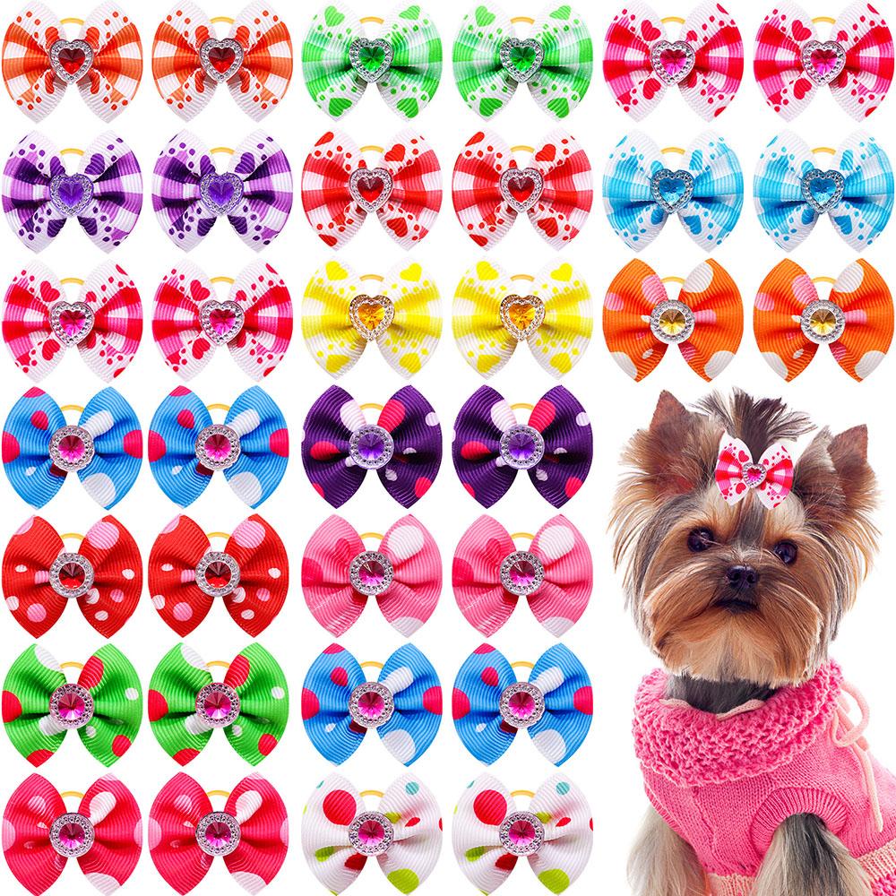 20/30pcs Dog Grooming Bows Mix Plaid Dot Cat Dog Hair Bows Dog Hair Rubber Bands Small Dog Grooming Accessories Pet Supplier