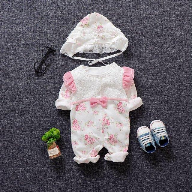 Весенне-осенняя одежда для новорожденных девочек, кружевной комбинезон принцессы с цветочным принтом, комплекты одежды, комбинезоны + шапки