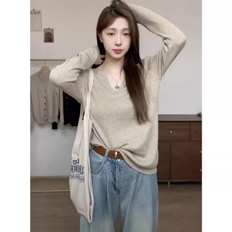 Женский свитер с длинными рукавами и V-образным вырезом в ленивом стиле, новый однотонный внутренний верх, основа, осень 2024 года
