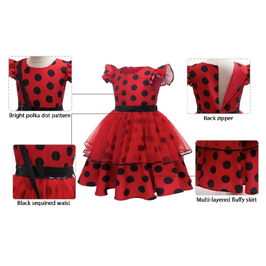 Girls Cosplay Costume Polka Dot Red Dress With Bag Gloves Mask Earrings For Kids Bug Halloween Birthday Dress Up