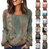 Women's Winter Oversized T-Shirt Fashionable Off-the-Shoulder Round Neck Vintage Floral Print Pullover Long-Sleeved Top