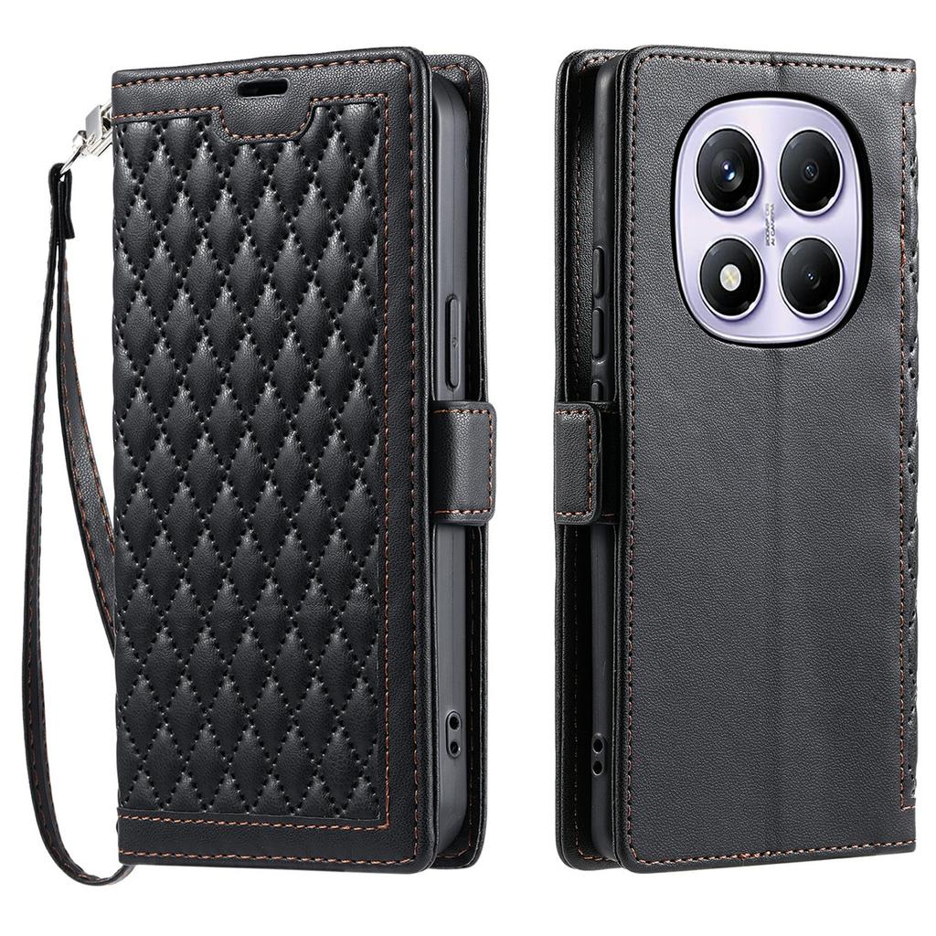 Leather Case For Xiaomi Redmi Note 14 Pro 5G/4G/Poco X7 5G Rhombus Texture Wallet Stand Phone Cover with Wrist Strap