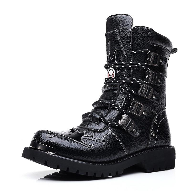 Fashion Mens Motorcycle Boots Leather Boots New Fashion Cowboy Shoes Outdoor Sports Military Tactical Boots Gothic Punk Boots D474