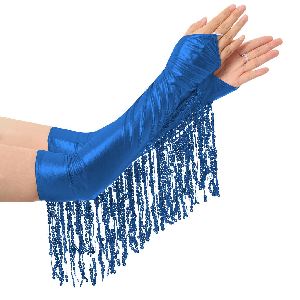 Перчатки без пальцев до локтя для взрослых: Искрящиеся Пайетки, Дизайн с Кисточками, Металлические Блестящие Перчатки для Сцены, Оперы, Косплея и Вечеринок