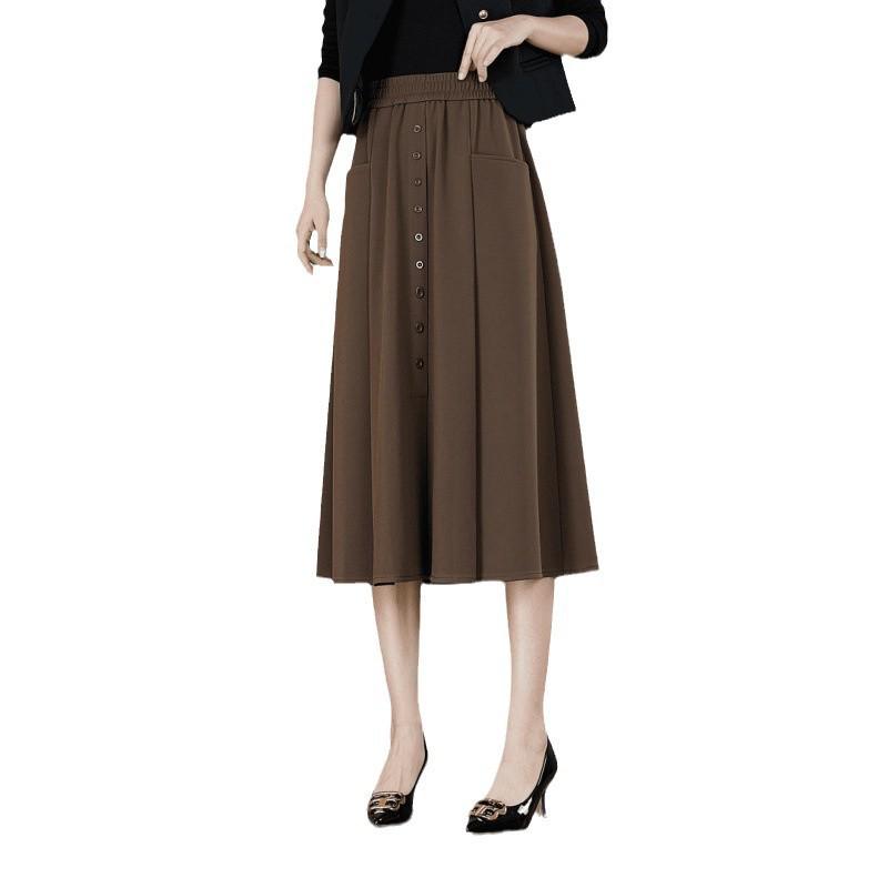 Женская миди-юбка на резинке - Весенне-осенний стиль, повседневный приталенный крой с карманами