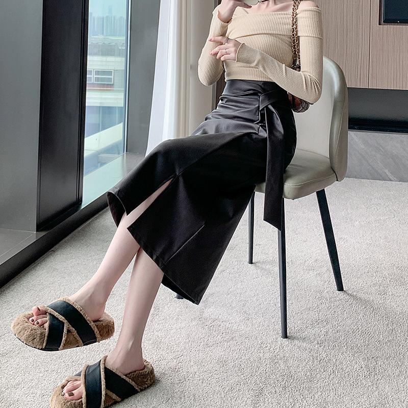 Корейский стиль Высокая талия Узкая юбка А-силуэта Женская разрез средней длины Прямая юбка из искусственной кожи с разрезом