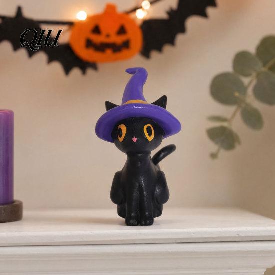 Kids Halloween Room Decor Black Cat Figurine, Mini Witch/Zombie/Pumpkin Kitten Statue, Spooky Resin Mummy Bandage Statue Tabletop Ornament for Mantel