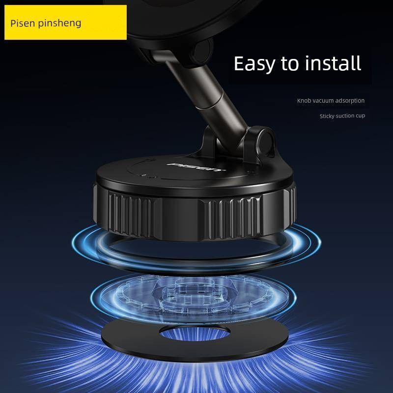 Pisen Magnetic Phone Car Mount with Rotating Knob, Vacuum Suction, Foldable Dashboard Windshield Suction Cup