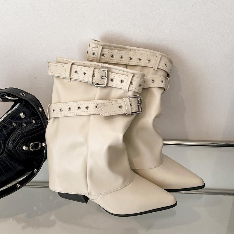 Модные осенние винтажные женские ботинки-казаки на толстом каблуке, элегантные женские полусапожки до середины икры в современном стиле, слипоны с модной пряжкой на ремне