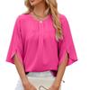 Solid Color Round Neck Five Quarter Sleeve Short Sleeved Loose Chiffon Top for Women Tops