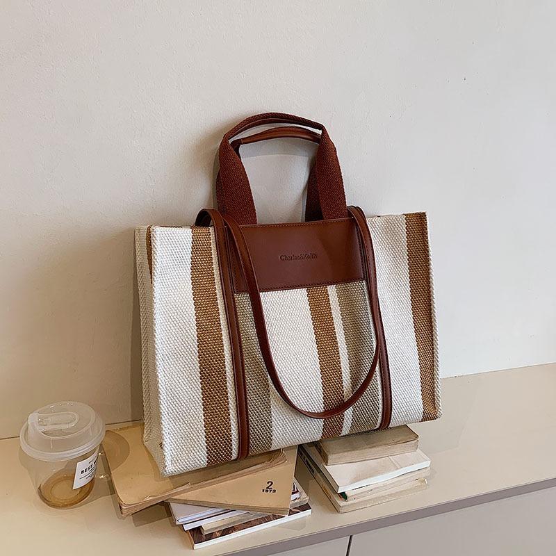 Canvas Bag Female Tote Bag Large Capacity Spring and Summer New Versatile Contrasting Color Shoulder Class Commuter Bag