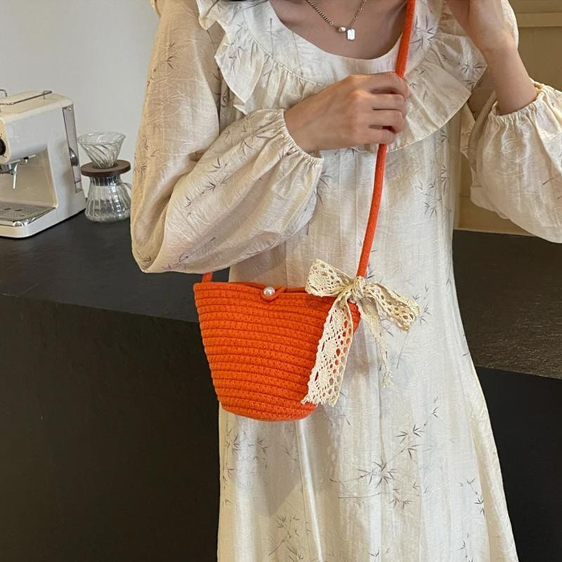 Простая полосатая сумка через плечо с плетением из веревки, милая сумка-ведро, сумка через плечо с лентой, пляжная сумка