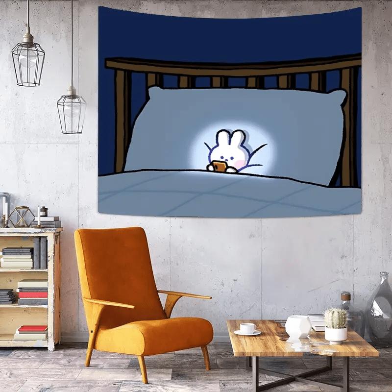 1pc Cute Rabbit Night Sleep Blue Tapestry Polyester Wall Hanging Suitable for Room Bedroom Dorm Decoration Scene Cloth Backgroun
