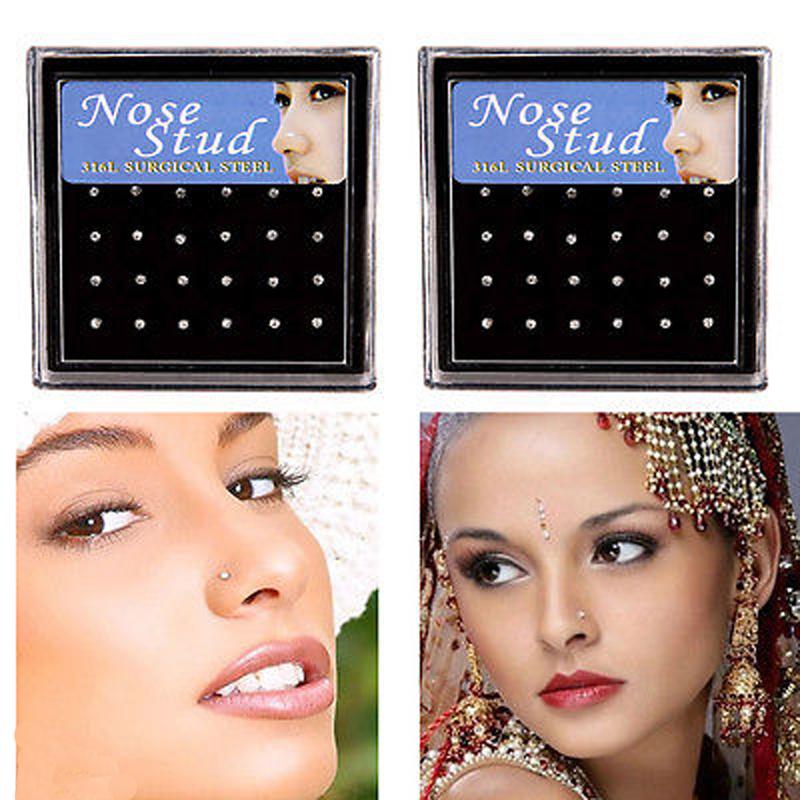 24 Pieces/Pack Nose Ring Set Women Girl Rhinestone Stainless Surgical Steel Piercing Crystal Nose Stud Lot Body Jewelry