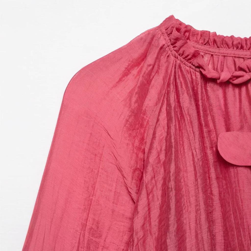 Женский комплект ZA Весна 2025 Европейский и американский стиль Жатый волан Стойка Короткий топ и юбка миди