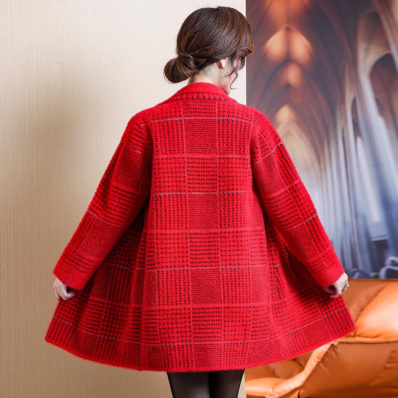 Autumn and Winter New Mother's Wear Mid Length Plaid Coat Women's Loose Imitation Mink Fleece Suit Collar Wool Coat
