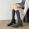Fashion Tall Sock Boots Autumn New Round Toe Knit Breathable Square Heel Non-Slip Wear-Resistant High Heels