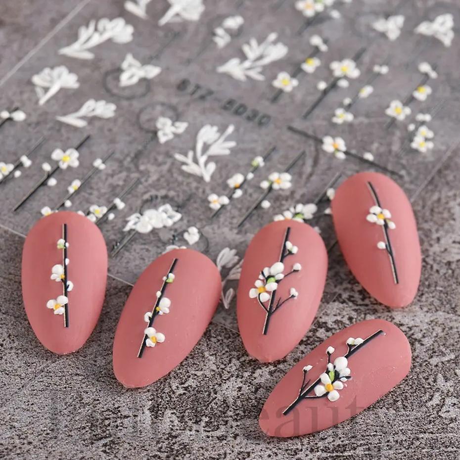 Xiaomi 5D Simple Flowers Nail Embossed Stickers Elegant Wedding Design Adhesive Sliders Floral Textured Engraved Decoration Supplies