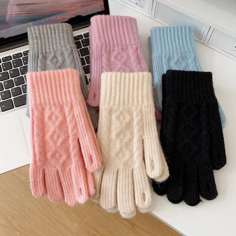 Thickened Knitted Autumn Winter Gloves Touchscreen Compatible Riding Warmth Insulation Pure Color Cute Gloves Unisex