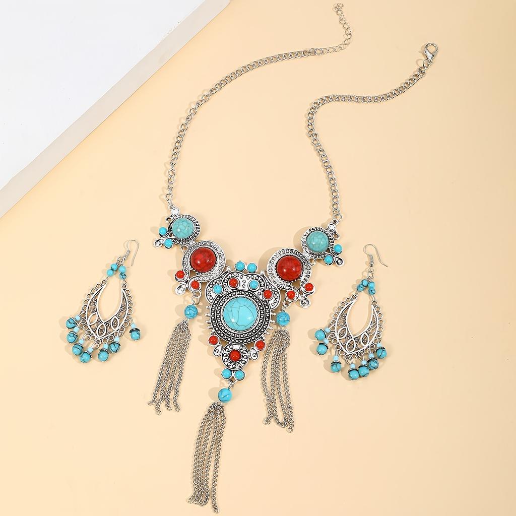 1 Pair Dangle Earrings +1 Pc Necklace With Exaggerated Resin Turquoise Inlaid Zinc Alloy Jewelry Set Bohemian Ethic Style For Women Gift CLE